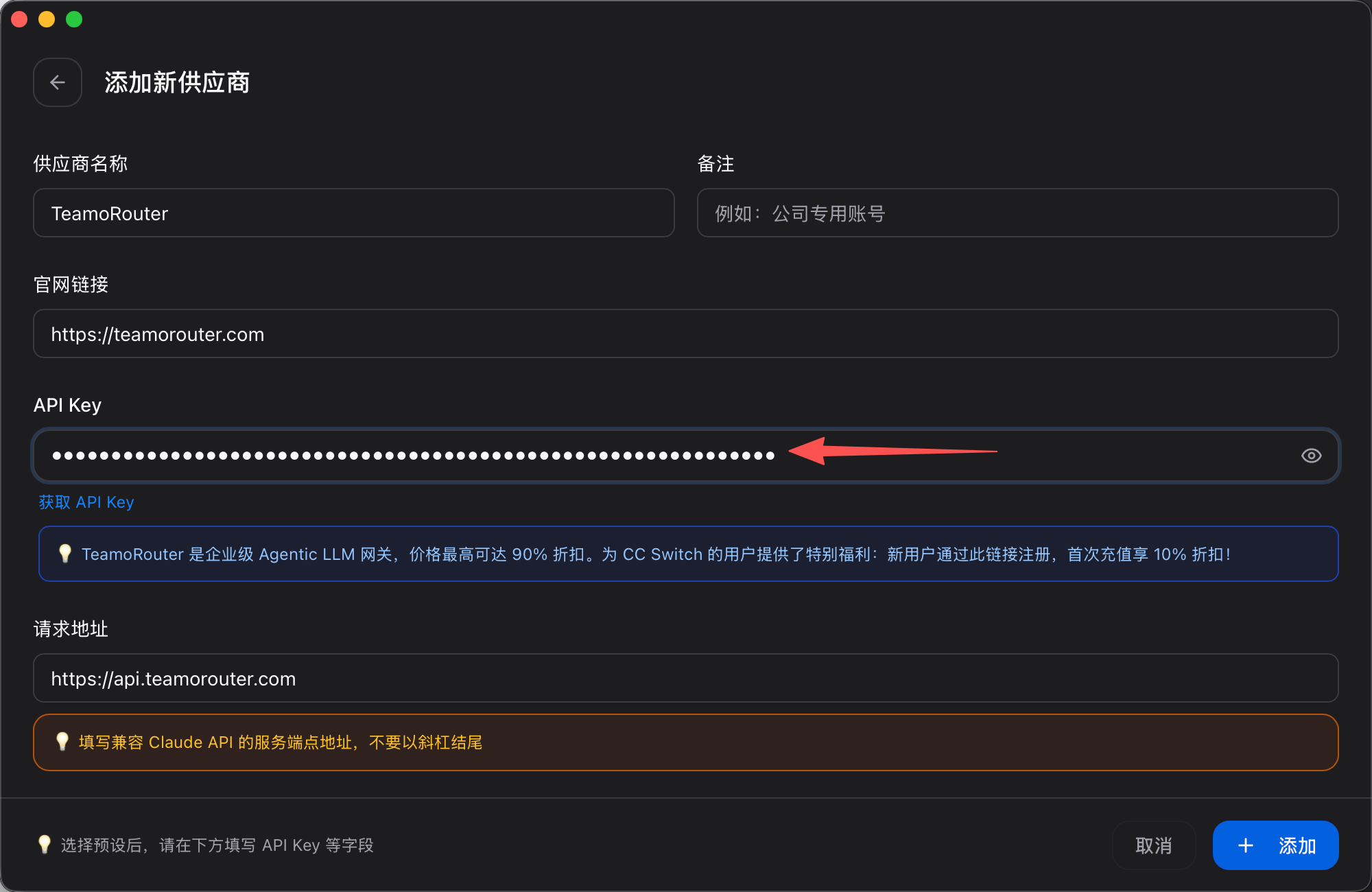 填写 TeamoRouter API Key