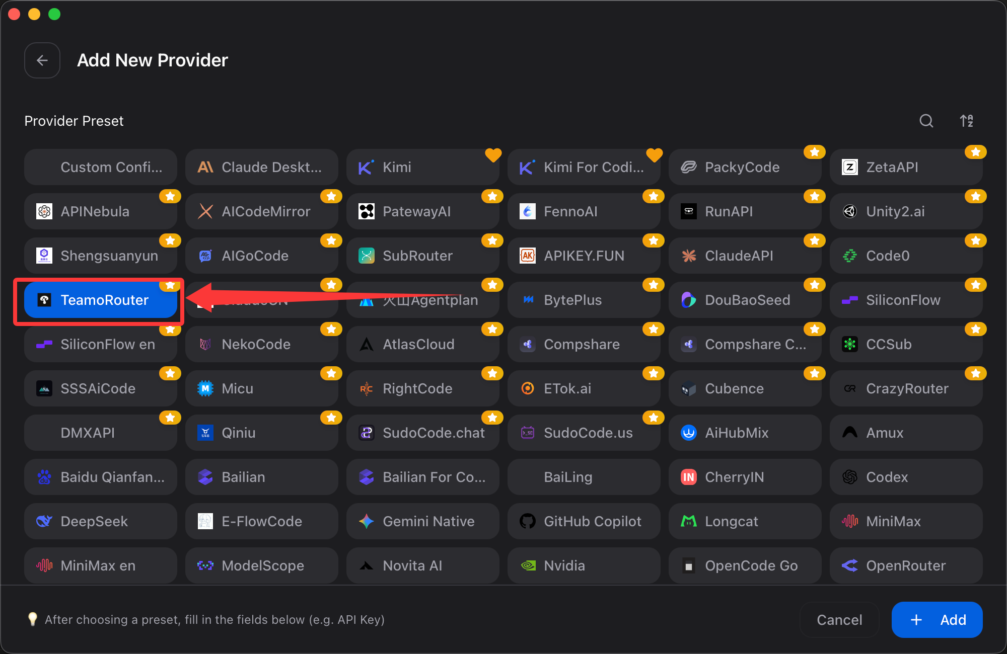 Select TeamoRouter for Codex